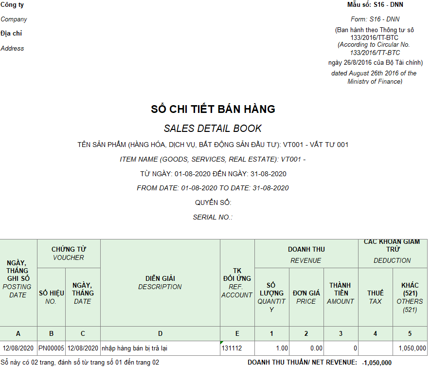 Mẫu sổ chi tiết bán hàng ( Song ngữ ) theo TT133