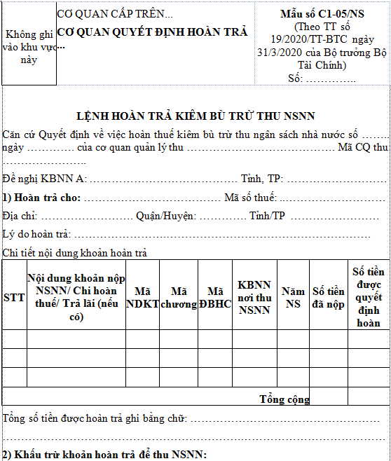 Mẫu C1-05: Lệnh hoàn trả kiêm bù trừ thu ngân sách nhà nước