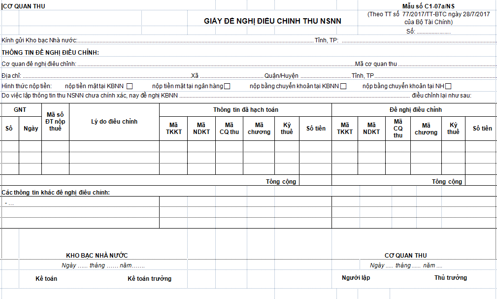 Mẫu C1-07a/NS: Giấy đề nghị điều chỉnh thu NSNN