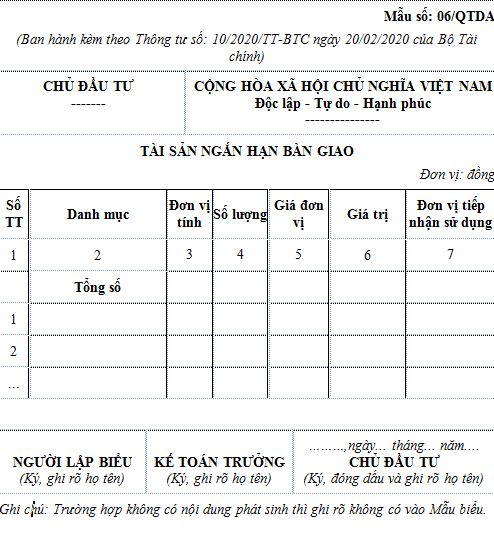 Mẫu số 06/QTDA: Tài sản ngắn hạn bàn giao