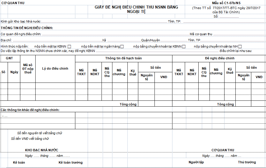 Mẫu C1-07b/NS: Giấy đề nghị điều chỉnh thu NSNN bằng ngoại tệ