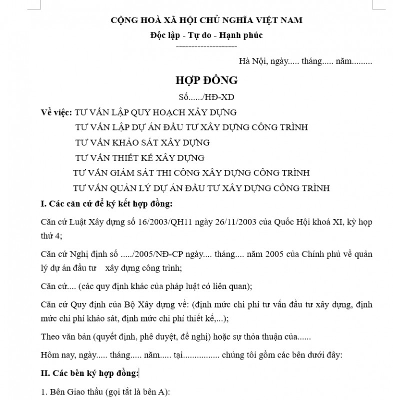 Mẫu hợp đồng tư vấn lập quy hoạch xây dựng