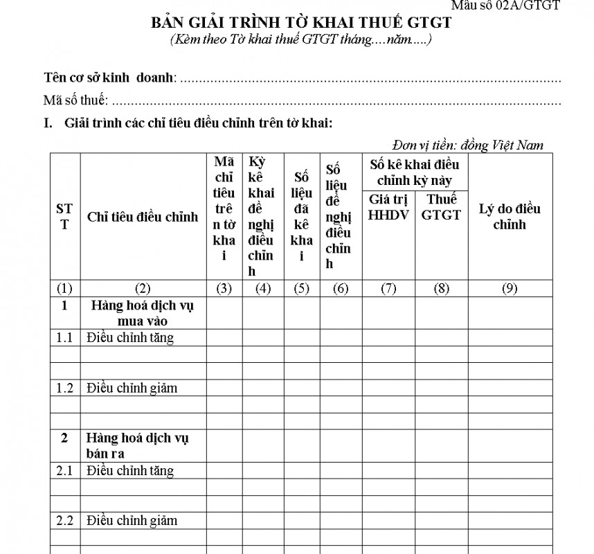 Mẫu Bản giải trình tờ khai thuế GTGT