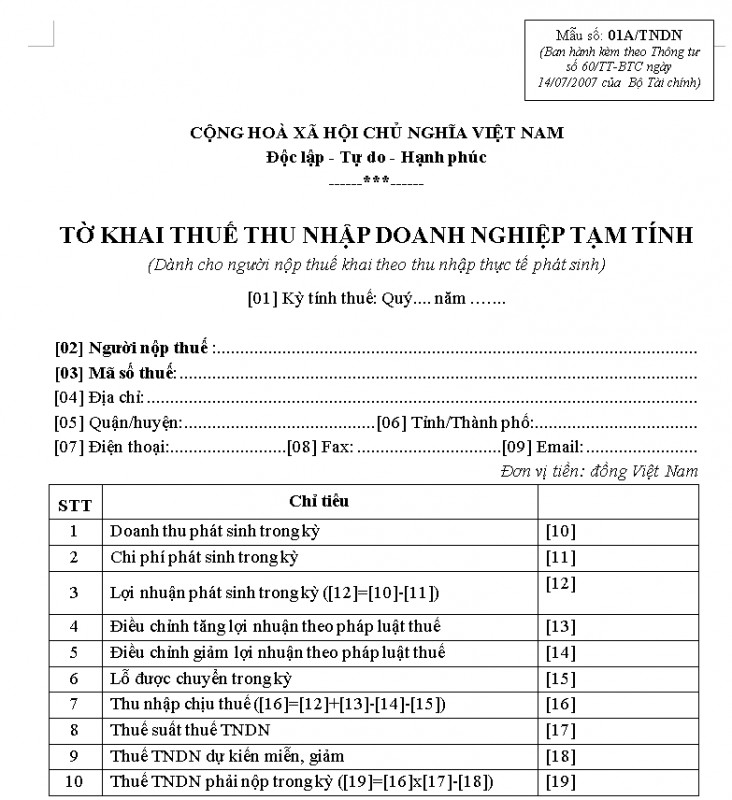 Mẫu tờ khai thuế thu nhập doanh nghiệp tạm tính