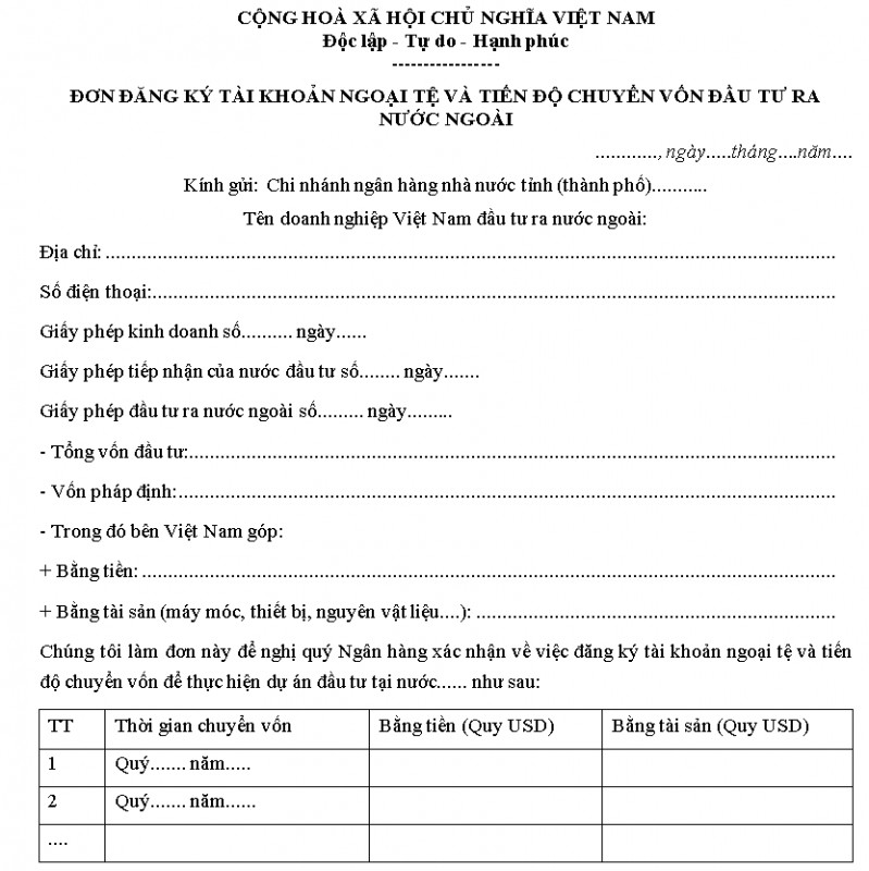 Mẫu đơn đăng ký tài khoản ngoại tệ