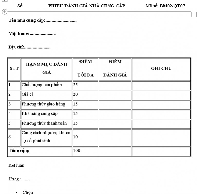 Mẫu bảng đánh giá nhà cung ứng