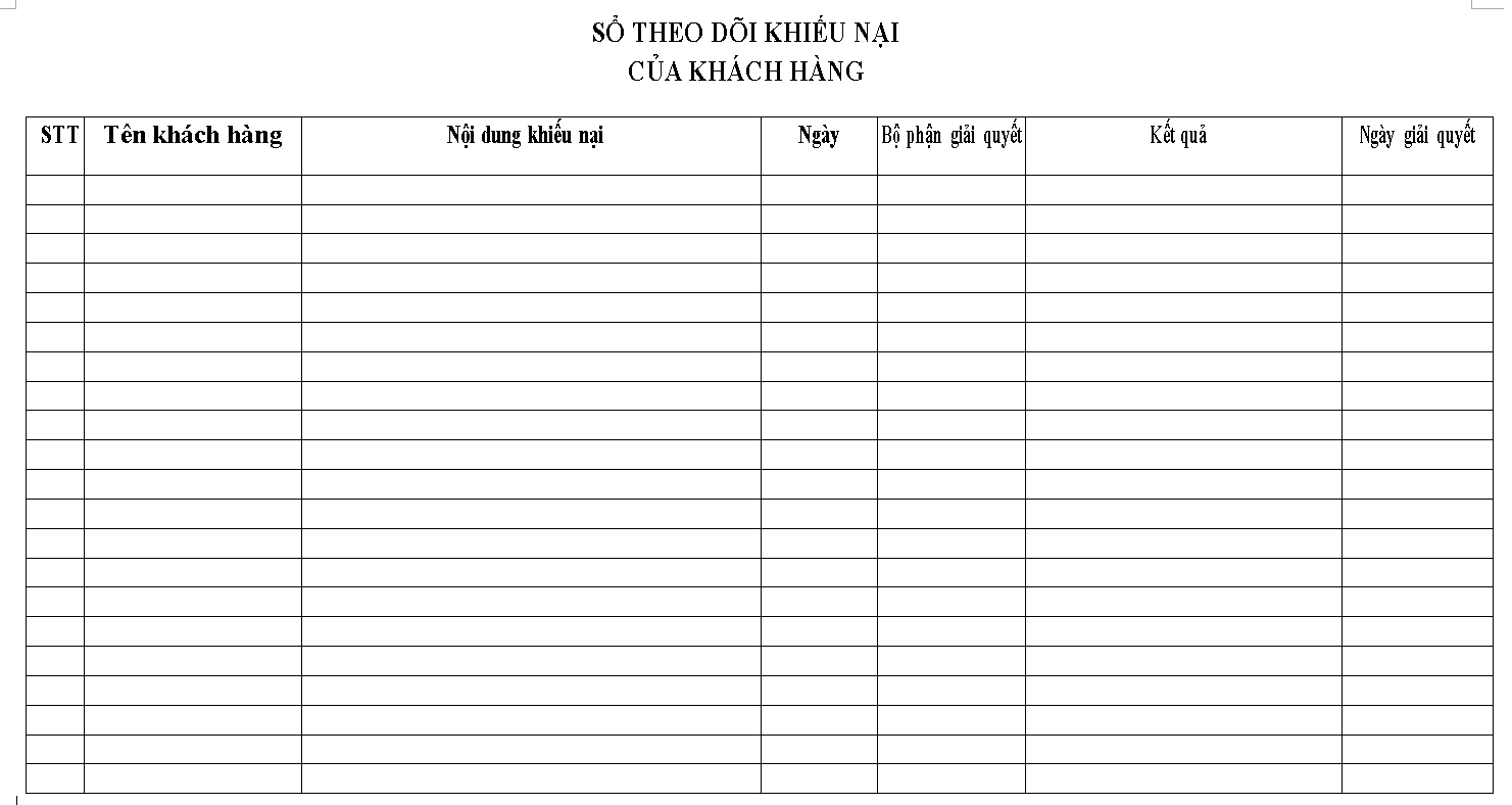 Mẫu Sổ theo dõi khiếu nại khách hàng