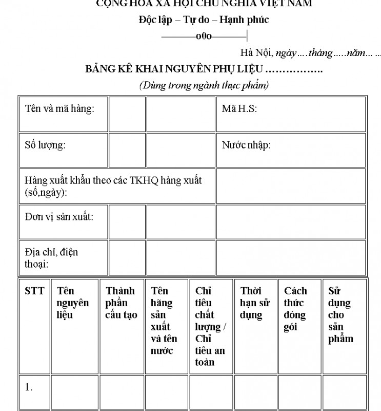 Mẫu kê khai nguyên phụ liệu