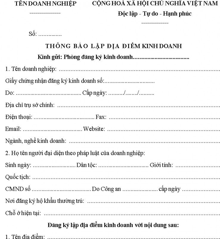 Mẫu thông báo lập địa điểm kinh doanh
