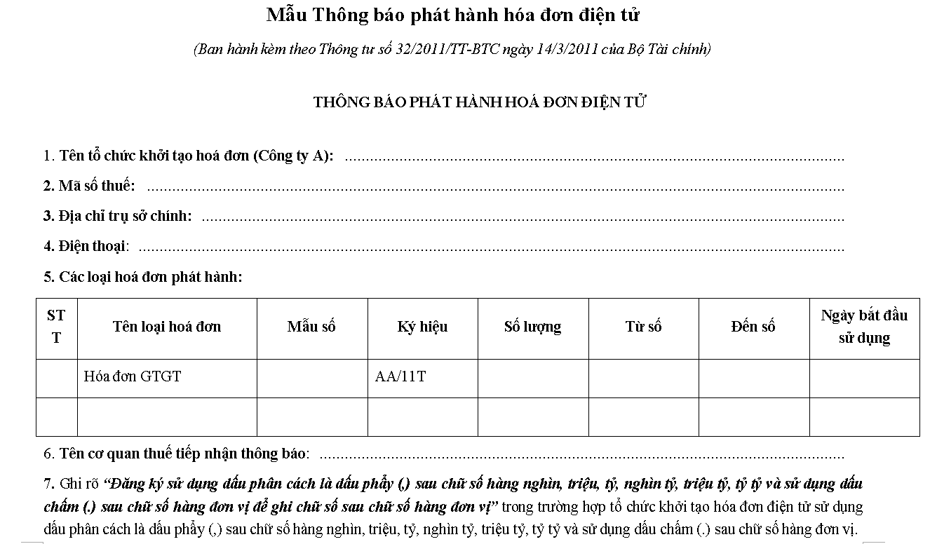 Mẫu Thông báo phát hành hóa đơn điện tử