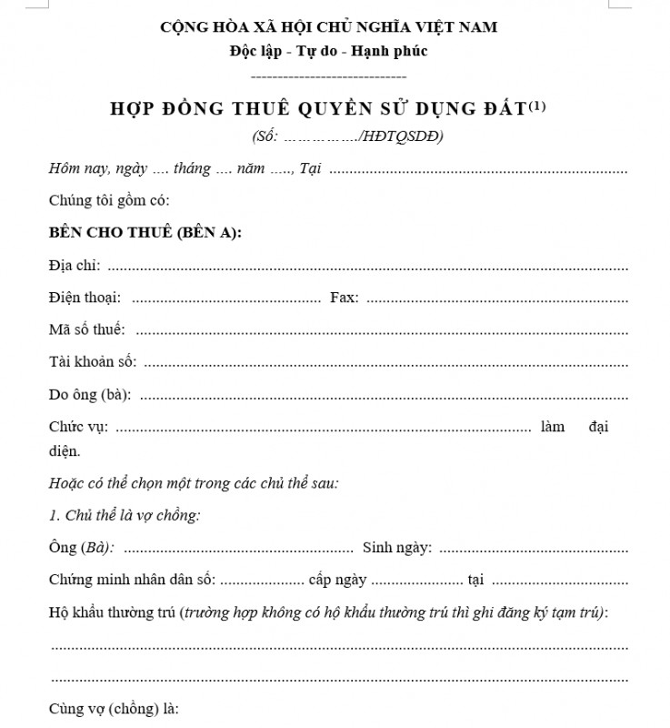 Mẫu hợp đồng thuê quyền sử dụng đất