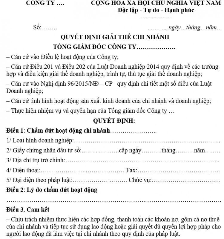 Mẫu quyết định giải thể chi nhánh
