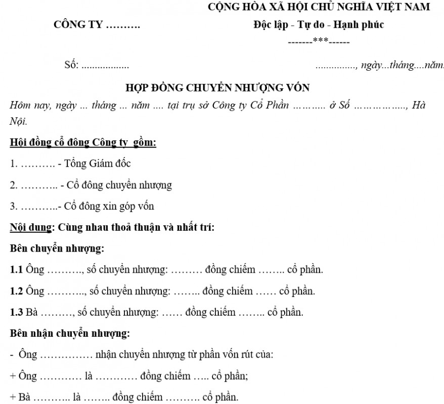 Mẫu hợp đồng chuyển nhượng vốn