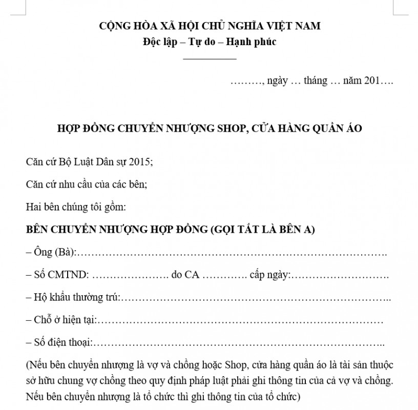 Hợp đồng chuyển nhượng shop, cửa hàng quần áo