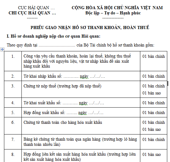 Mẫu phiếu giao nhận hồ sơ thanh khoản, hoàn thuế