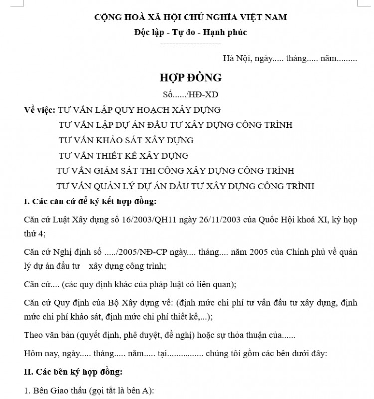 Mẫu hợp đồng tư vấn lập quy hoạch xây dựng