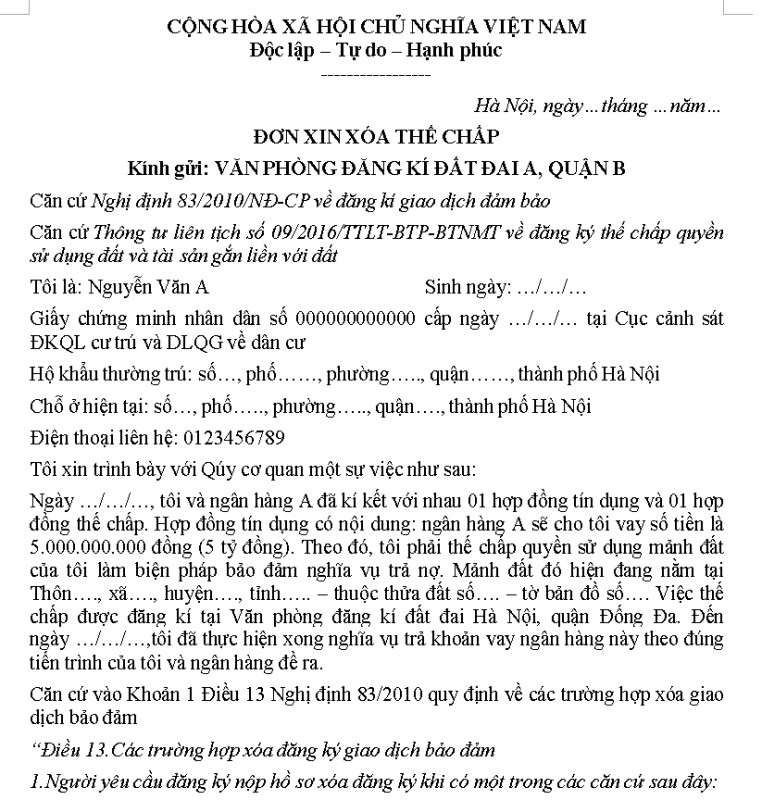 Mẫu đơn xin xóa thế chấp