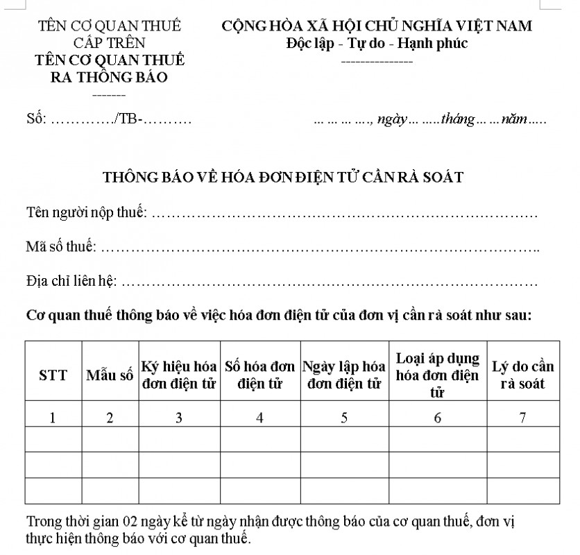 Mẫu thông báo hóa đơn điện tử cần rà soát