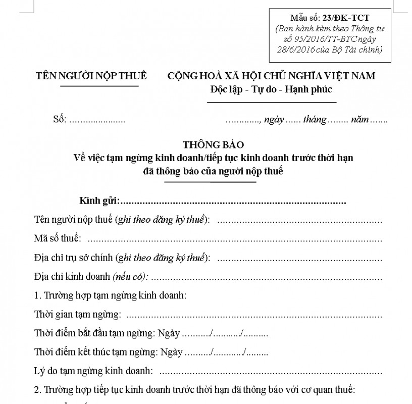 Thông báo việc tạm ngừng kinh doanh/tiếp tục kinh doanh của người nộp thuế