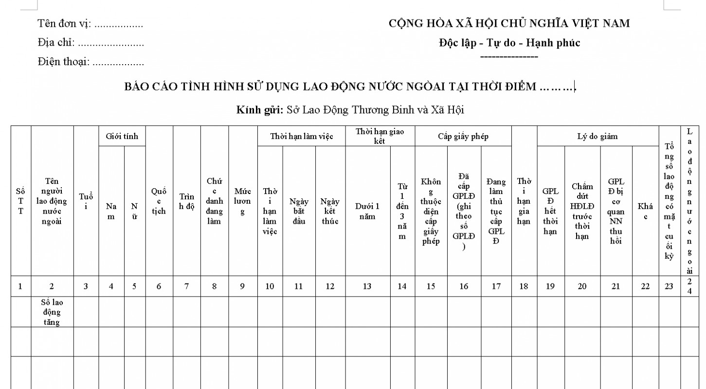 Mẫu báo cáo tình hình sử dụng lao động nước ngoài