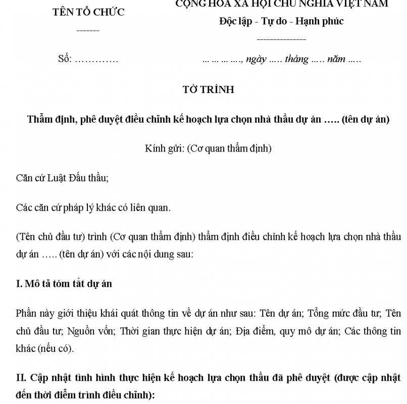 Mẫu tờ trình phê duyệt kế hoạch lựa chọn nhà thầu