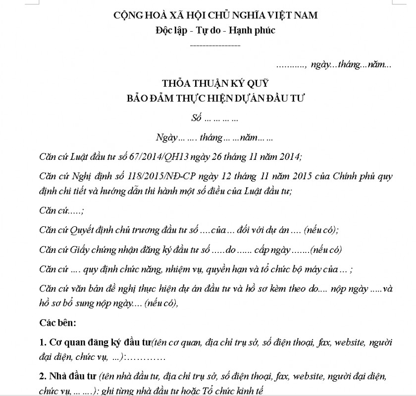 Mẫu thỏa thuận ký quỹ bảo đảm thực hiện dự án đầu tư