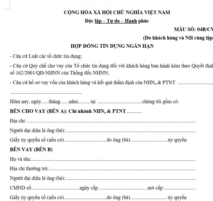 Mẫu hợp đồng tín dụng ngắn hạn