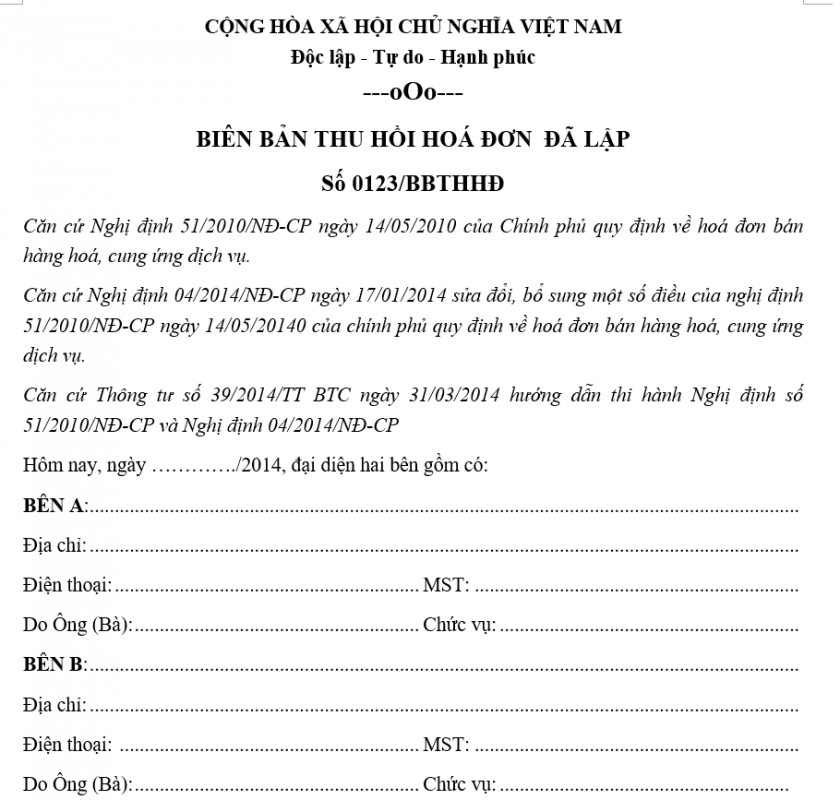 Mẫu biên bản thu hồi hóa đơn đã lập