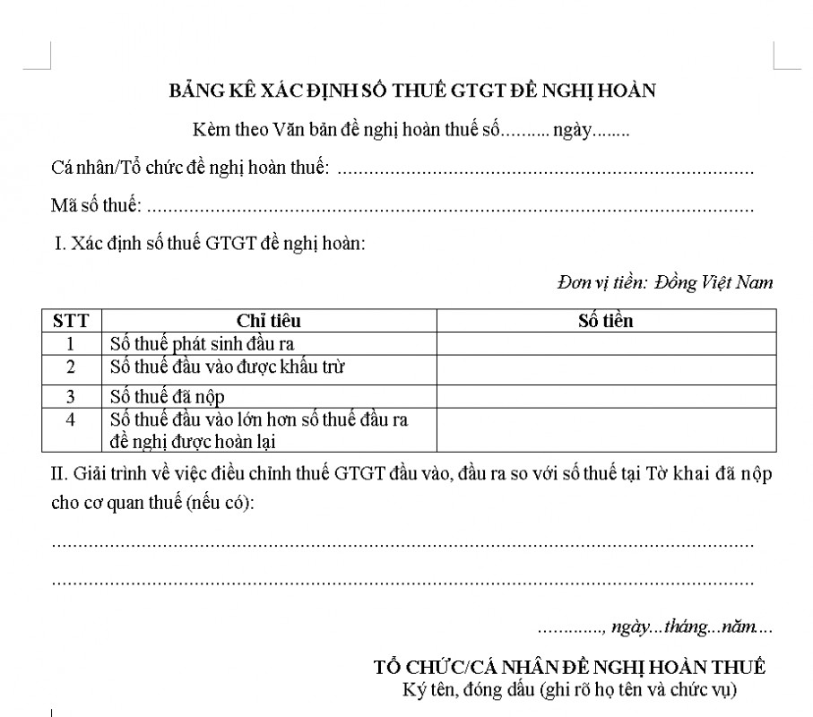 Mẫu bảng kê xác định số thuế GTGT đề nghị hoàn