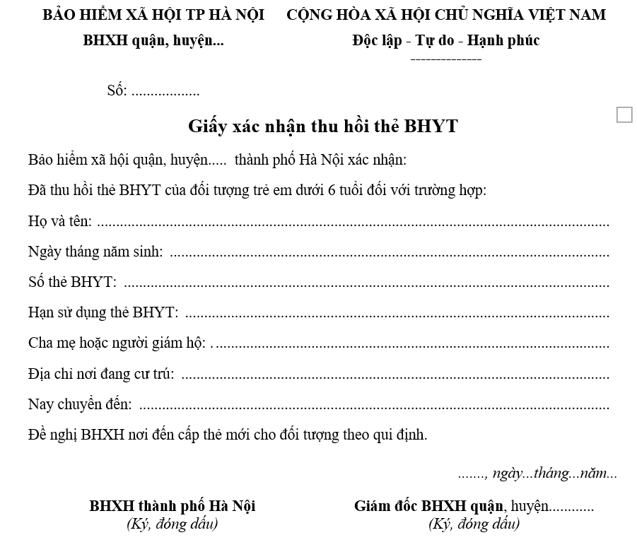 Mẫu xác nhận thu hồi thẻ BHYT