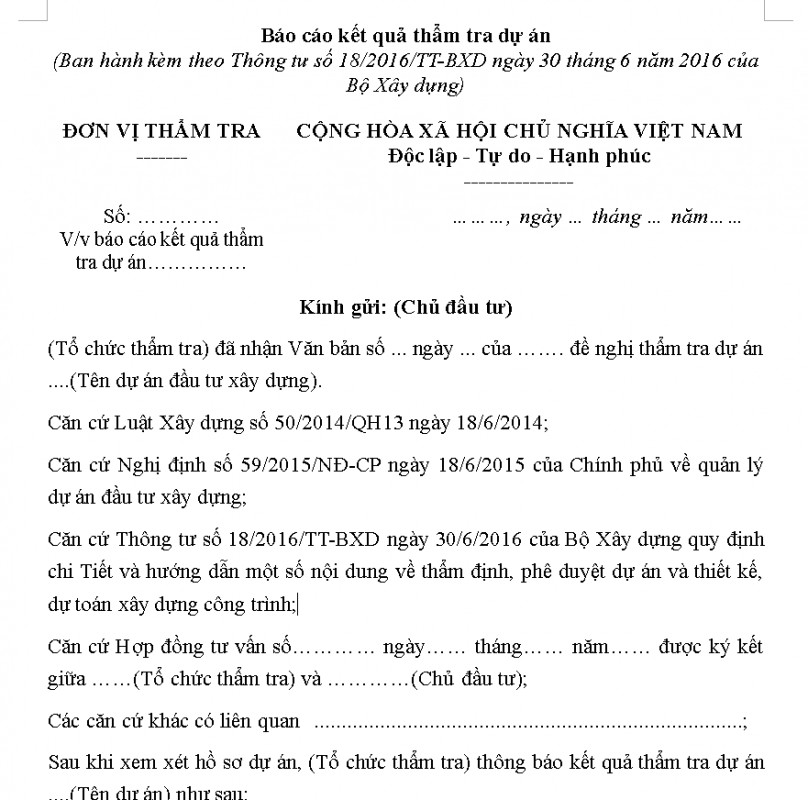 Báo cáo kết quả thẩm tra dự án