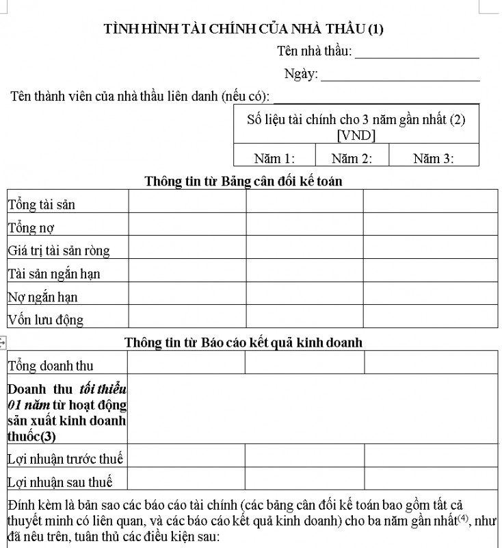 Mẫu bảng tình hình tài chính của nhà thầu