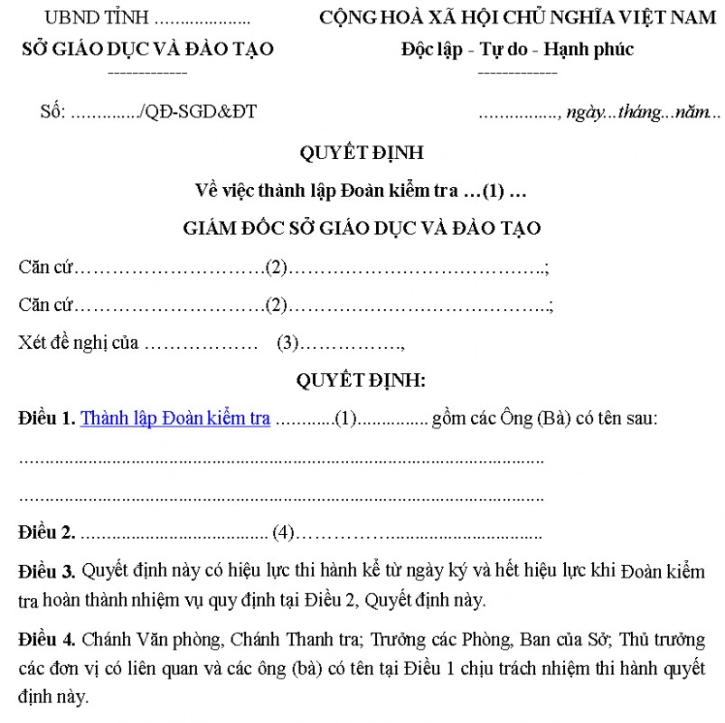 Mẫu quyết định thành lập đoàn kiểm tra