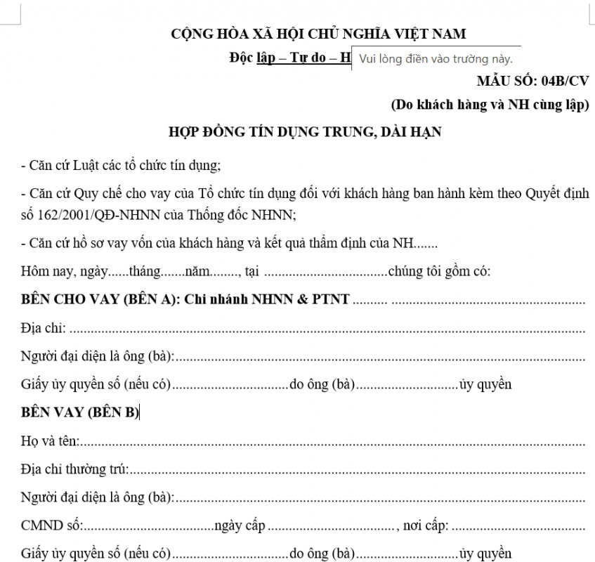 Mẫu hợp đồng và phụ lục tín dụng trung hạn và dài hạn