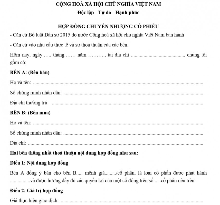 Mẫu hợp đồng chuyển nhượng cổ phiếu