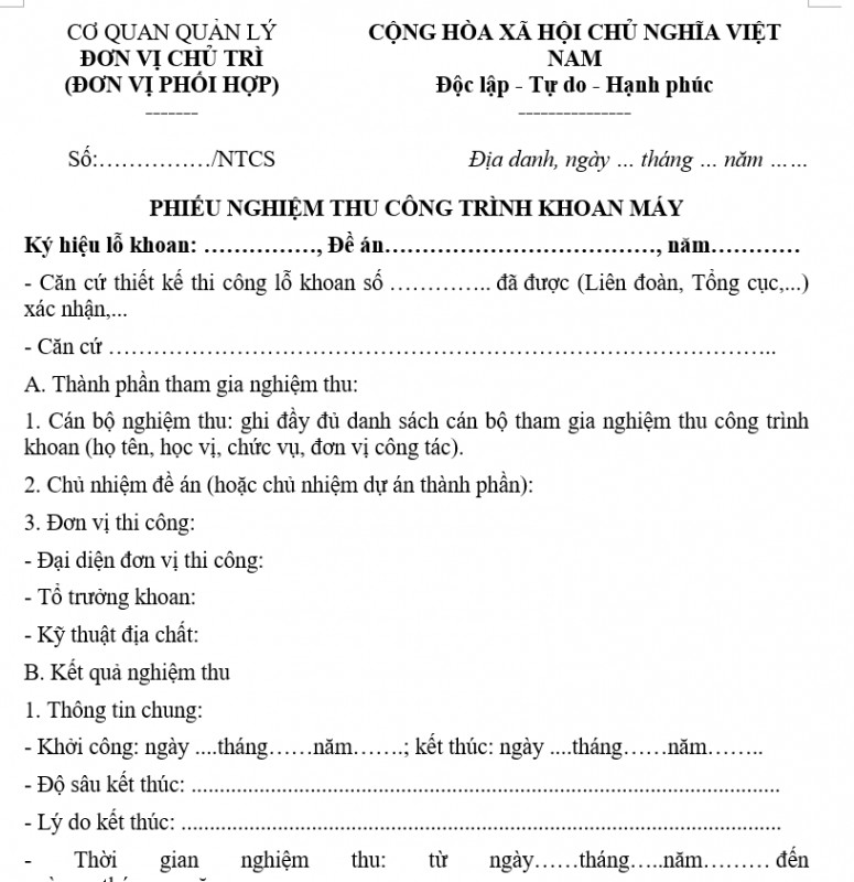 Mẫu phiếu nghiệm thu công trình khoan máy (nghiệm thu cấp cơ sở)