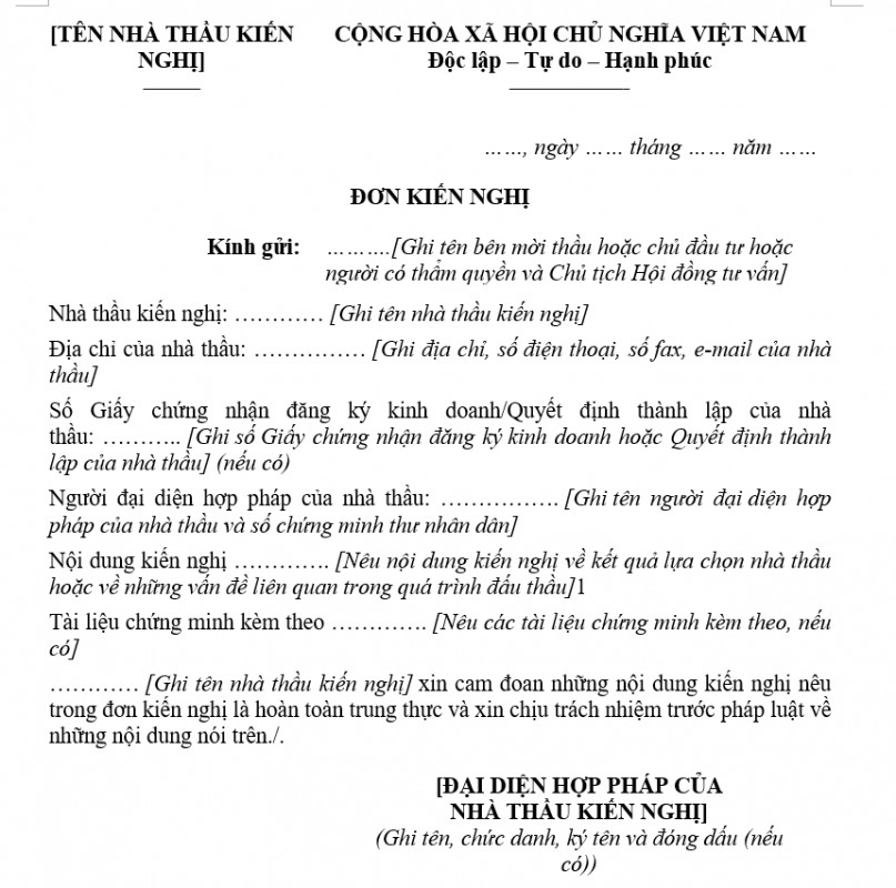 Mẫu đơn kiến nghị của nhà thầu