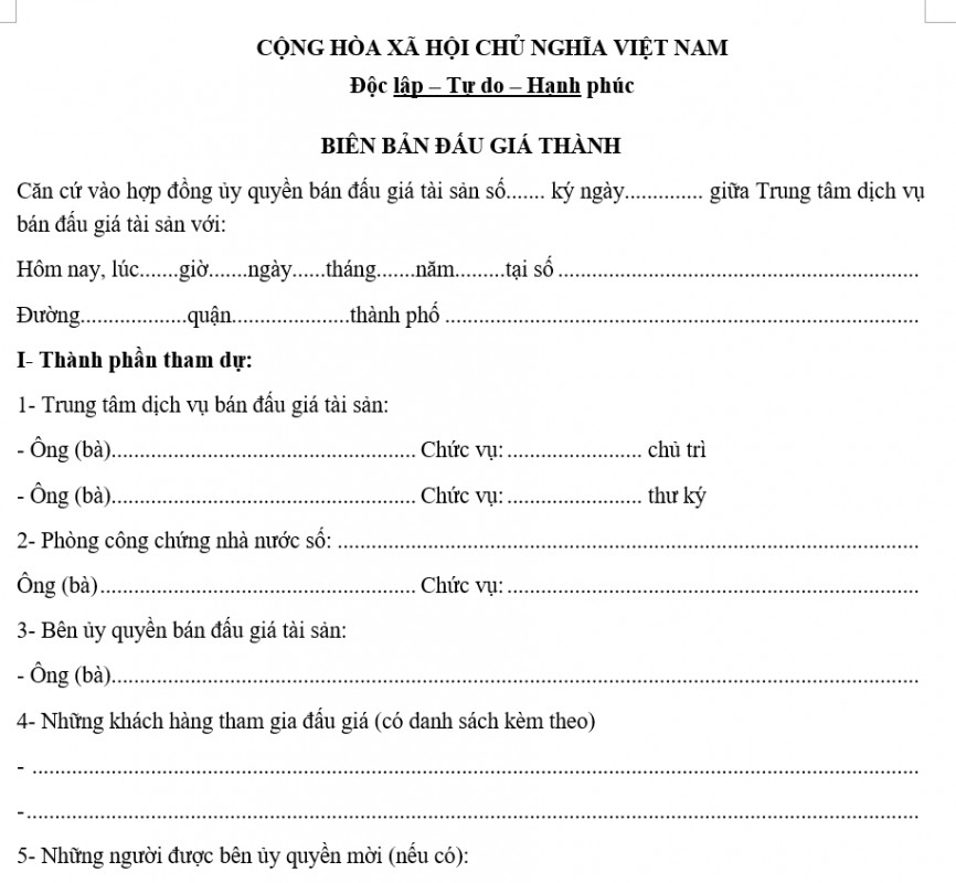 Mẫu biên bản đấu giá thành