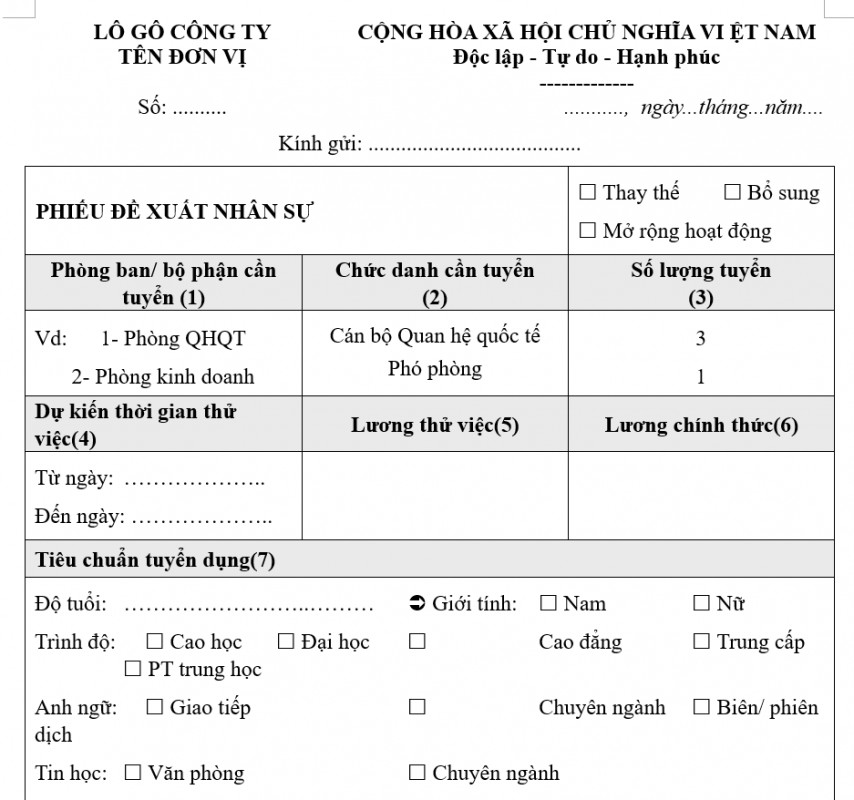 Mẫu phiếu đề xuất nhân sự