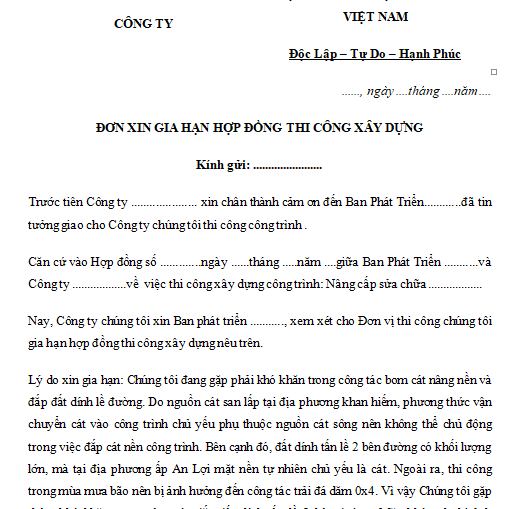 Mẫu đơn xin gia hạn tiến độ thi công