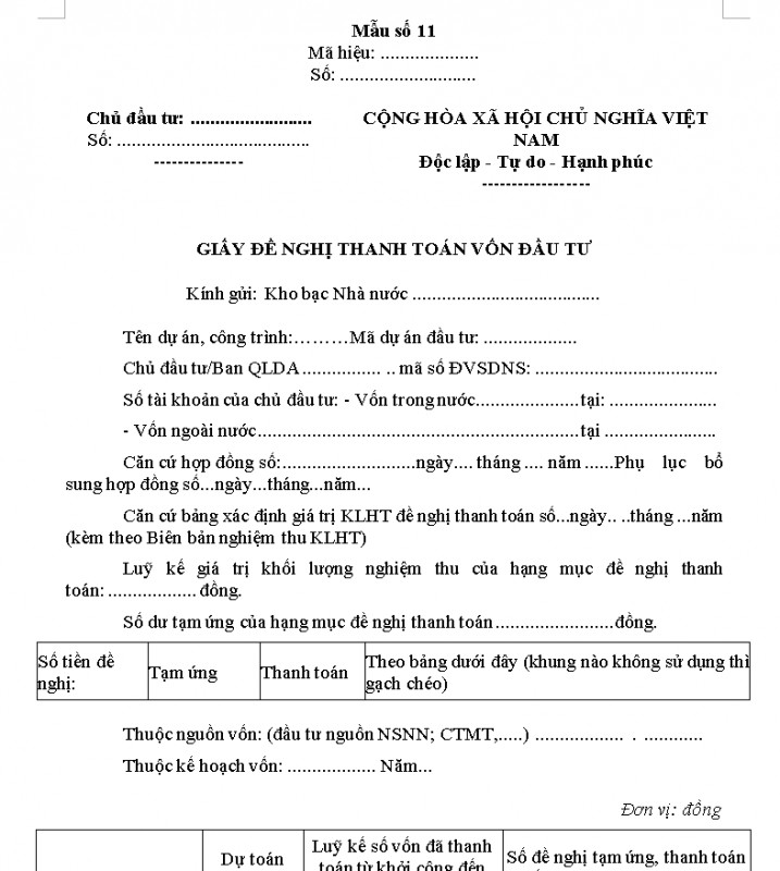 Mẫu Giấy đề nghị thanh toán vốn đầu tư