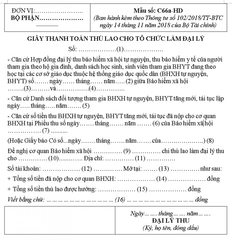 Mẫu Giấy thanh toán thù lao cho tổ chức làm đại lý