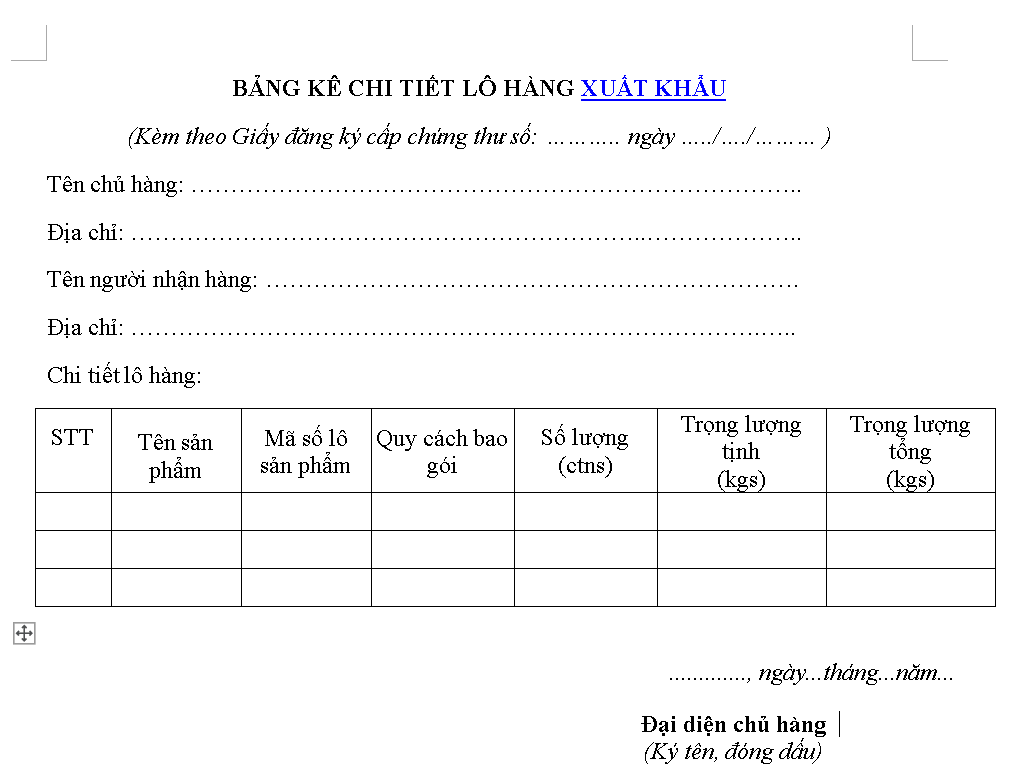 Mẫu bảng kê chi tiết lô hàng xuất khẩu