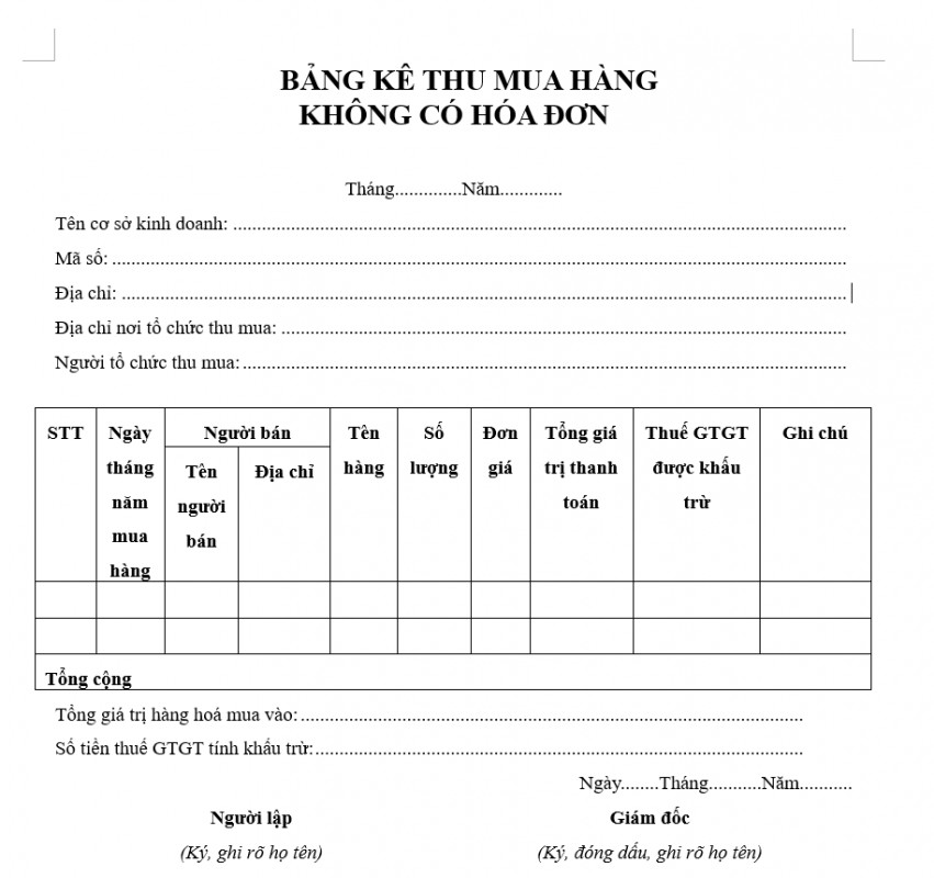 Mẫu bảng kê thu mua hàng hóa không có hóa đơn