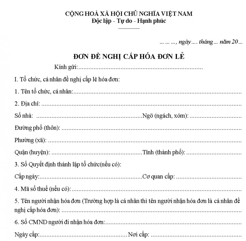 Mẫu đơn đề nghị cấp hóa đơn lẻ