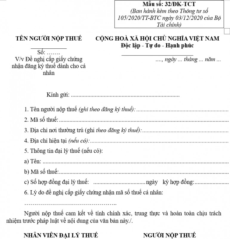 Mẫu 32/ĐK-TCT: Văn bản đề nghị cấp Giấy chứng nhận đăng ký thuế dành cho cá nhân