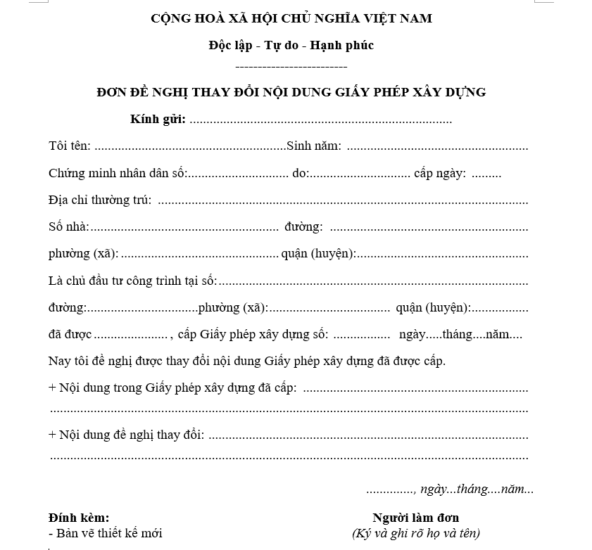Mẫu đơn đề nghị thay đổi nội dung giấy phép xây dựng