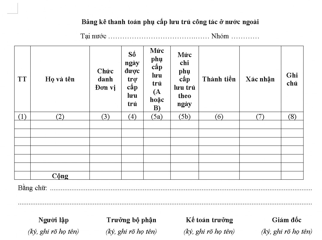 Mẫu bảng kê phụ cấp lưu trú công tác nước ngoài