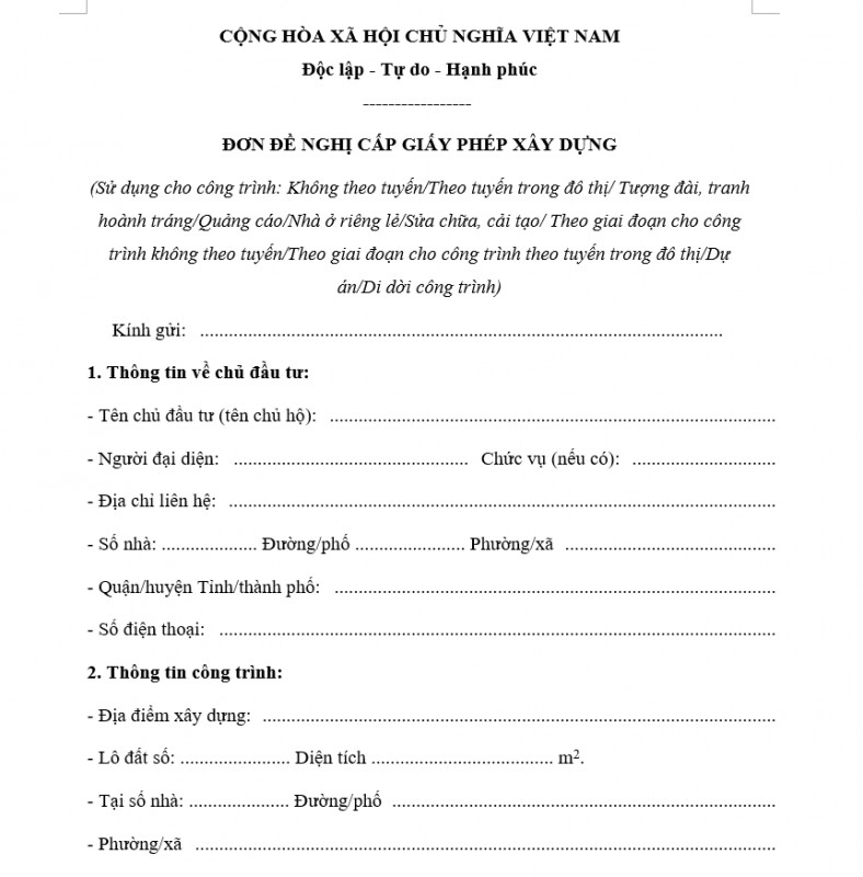 Mẫu đơn xin cấp giấy phép xây dựng