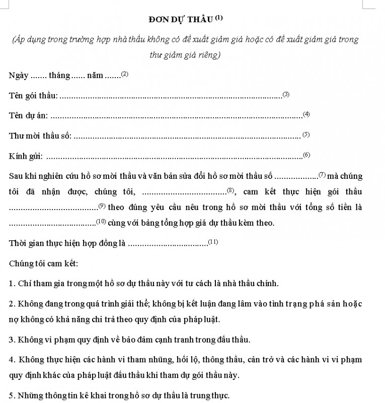 Mẫu Đơn dự thầu